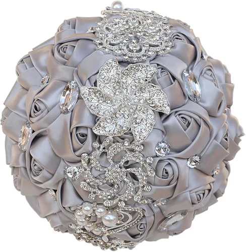 Miniatura 22 de XINNI Ramo de boda nupcial hecho a mano novia dama de honor satén rosa ramo de flores con diamantes de imitación perla encaje decoración de boda