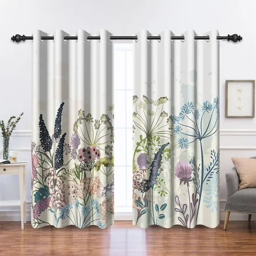 Miniatura 41 de Renaiss - Cortinas opacas florales boho, cortinas de ventana con aislamiento térmico y estampado de flores y plantas bohemias para dormitorio