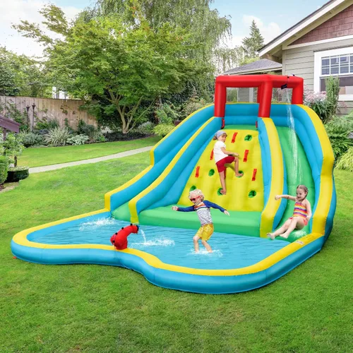 Miniatura 2 de OLAKIDS Tobogán acuático inflable, parque acuático 5 en 1 con 2 toboganes, pared de escalada, pistola de agua grande para piscina, castillo de salto