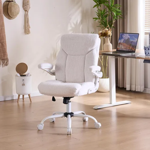 Miniatura 8 de Comfy - Silla de computadora ergonómica de tela de tela, silla de oficina ejecutiva con reposabrazos abatibles, soporte lumbar, giro de 360° y Blanco