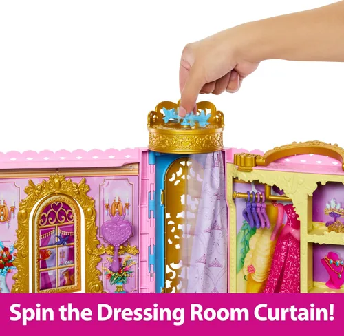 Miniatura 3 de Paquete de Mattel Disney Princess Closet Playset con 2 moda, 25 accesorios, tocador, vestidor, pasarela y almacenamiento, se abre a 2 pies + muñeca