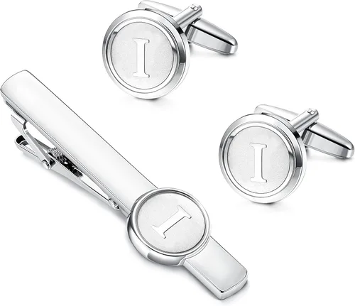 THUNARAZ Juego de gemelos con inicial y clip de corbata para hombre, gemelos personalizados del alfabeto A-Z y barra de corbata con caja de regalo