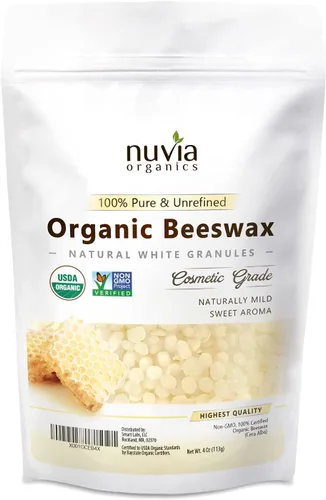 Nuvia Organics Cera de abeja blanca, certificada por USDA orgánica y verificada sin OMG, origen de Estados Unidos; 4 onzas
