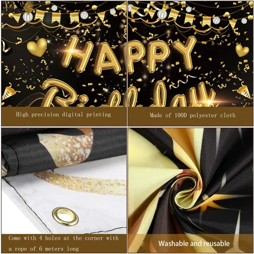 Miniatura 2 de Cartel de fondo de feliz cumpleaños extra grande de tela negro dorado cartel cartel fondo de cabina de fotos para hombres mujeres cumpleaños