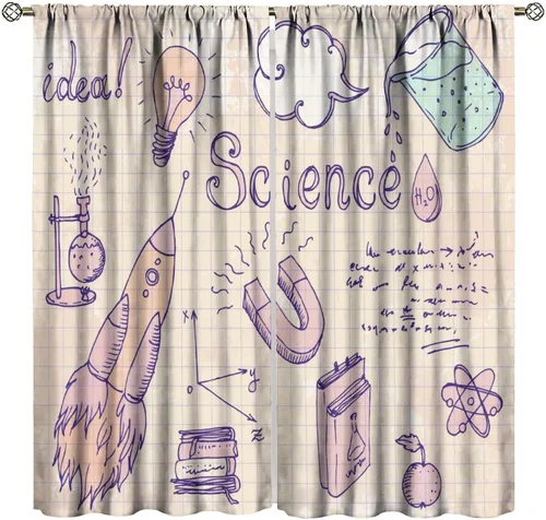 Miniatura 43 de Cortinas opacas para ventanas de ciencia para niños, lupa de libro de laboratorio de ciencia, lupa, frascos moleculares, cortinas impresas