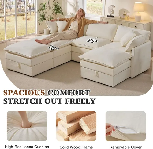 Miniatura 6 de Ihanherry Sofá cama modular de gran tamaño con almacenamiento, sofá nube modular de 6 plazas de 103 pulgadas con otomanas móviles, sofás de felpilla