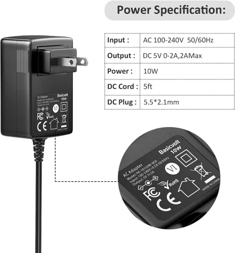 Miniatura 4 de Fuente de alimentación universal de 5 V, 2 A, 1 A, adaptador de CA universal, DC 5 voltios, 1.5 A, 1.2 A, 0.5 A, cable de alimentación de repuesto