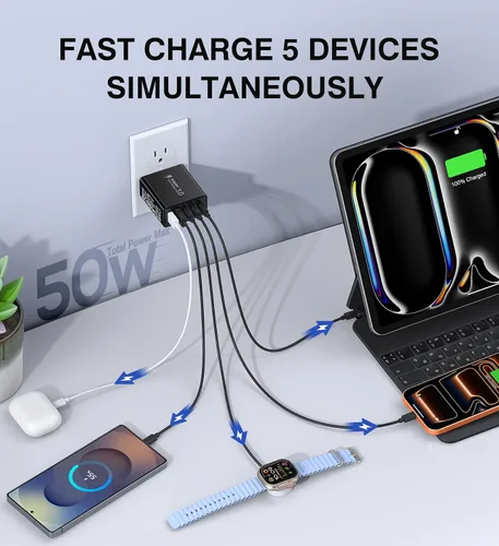Miniatura 2 de [Paquete de 2] Cargador de pared USB C, bloque de cargador tipo C de 60 W, bloques de carga rápida de 5 puertos, enchufe multipuerto 3USB C+2USB A
