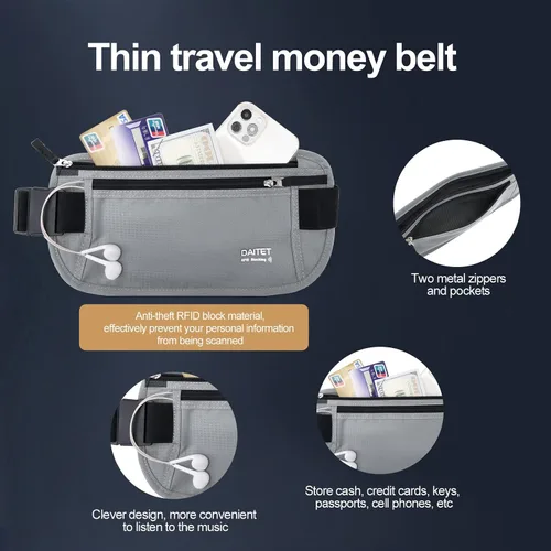 Miniatura 45 de DAITET Cinturón de dinero, soporte para pasaporte, cartera de viaje oculta segura con bloqueo RFID, riñonera encubierta (negro), Negro, Rfid