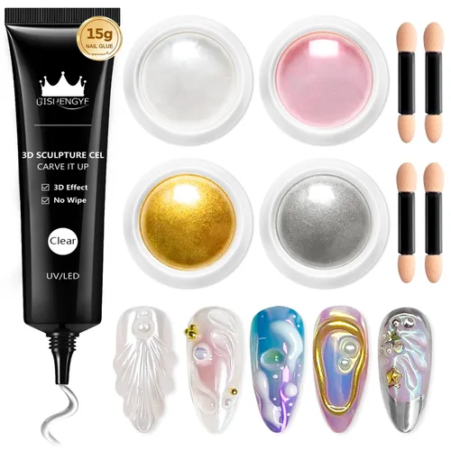 Miniatura 12 de Kit de gel de uñas 3D y polvo de uñas cromado BISHENGYF: 0.53 oz No Wipe Gel de Escultura 3D Aurora Rosa Azul Oro Cromo Polvo de uñas con pegamento