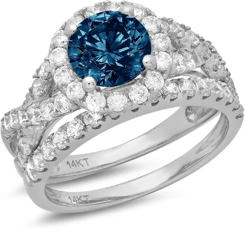 Clara Pucci Juego de anillos de boda de 2.40 quilates con halo de corte redondo y vástago dividido, acento natural de topacio azul Londres,