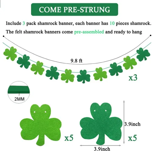 Miniatura 2 de JOZON Paquete de 3 carteles de fieltro con trébol para el día de San Patricio, decoración de trébol de la suerte, decoración de fiesta con cuerdas