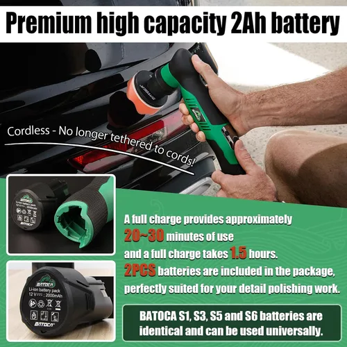 Miniatura 6 de BATOCA S5 Pulidora de búfer para automóvil sin cable, máquina pulidora de acción dual y rotativa, almohadillas de pulido de 1/2/3 pulgadas