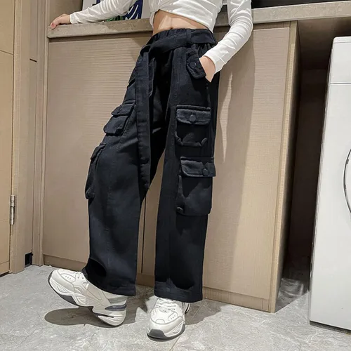 Miniatura 5 de Rolanko Pantalones cargo holgados de pierna ancha Y2K de cintura alta para niños pantalones sueltos casuales de 4 a 15 años