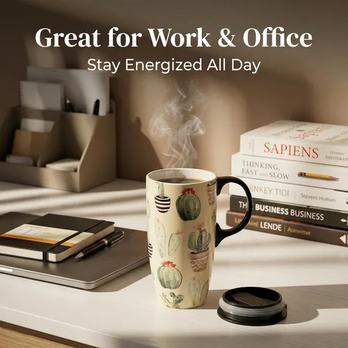 Miniatura 5 de Topadorn Taza de café de cerámica de 17 onzas con tapa, taza de cactus bohemio de acuarela, bonita taza de té de porcelana suculenta, apta