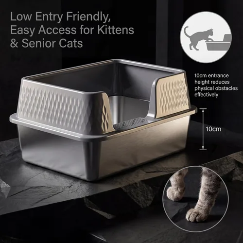 Miniatura 2 de Suhaco - Caja pequeña de arena para gatos de acero inoxidable con entrada lateral, paredes altas y profundas con tapa lateral extraíble, alfombrilla