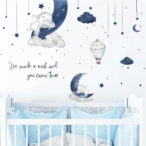 Miniatura 3 de Adhesivo de pared con elefante bebé durmiendo en azul grisáceo, sacinora - Adhesivo de pared con luna, estrella, nube y frase en inglés cálido
