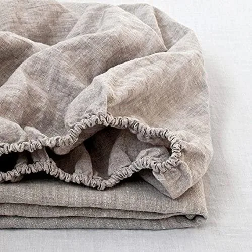 Sábana bajera ajustable 100% lino lavado a la piedra, color sólido (1 pieza) funda de colchón de 14 pulgadas de profundidad suave, natural