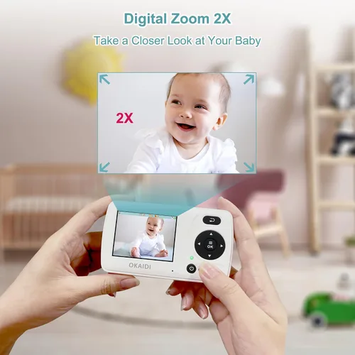 Miniatura 9 de OKAIDI Monitor de video para bebés con 2 cámaras, pantalla de viaje portátil de 2.4 pulgadas, transmisión de largo alcance de 1000 pies, monitor