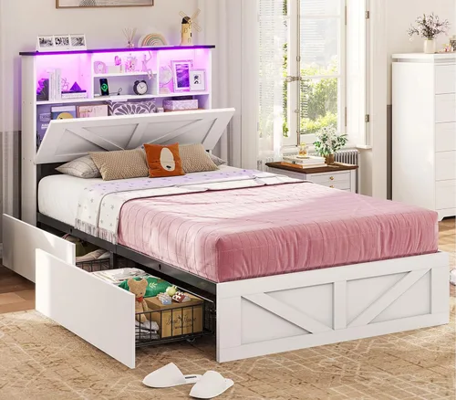 Miniatura 13 de VIAGDO Marco de cama estilo granja tamaño individual con cabecera de almacenamiento tipo estantería, estación de carga y luces LED, marco de cama