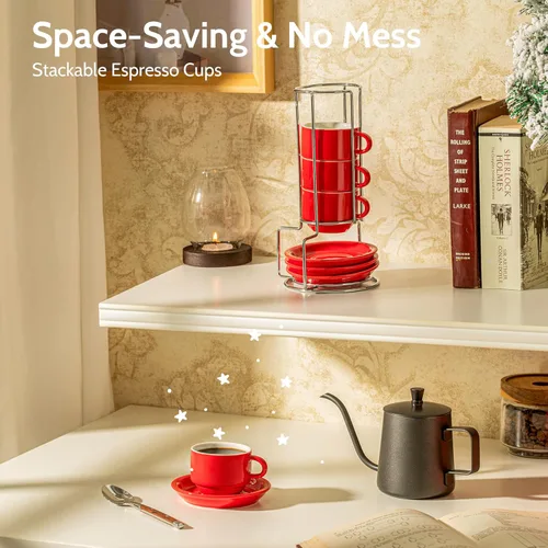 Miniatura 4 de SWEESE - Tazas de porcelana apilables, de 8 onzas, con platillos y soporte de metal, para bebidas especializadas del café, capuchino, latte, Rojo