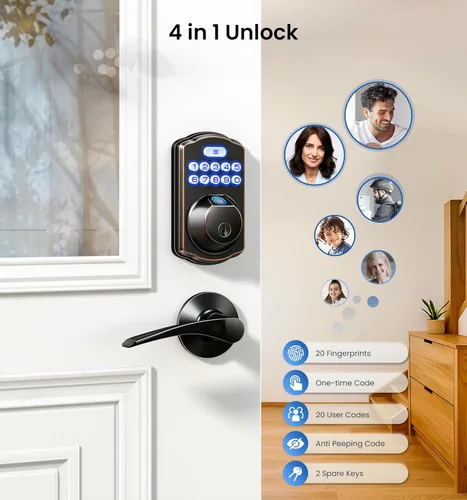Miniatura 3 de Veise KS02A - Cerradura de puerta de entrada sin llave de huellas dactilares, bloqueo automático, cerrojo electrónico para puerta delantera, Bronce