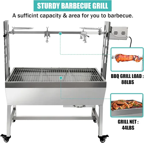 Miniatura 3 de Parrilla eléctrica con espetón de 37 pulgadas, soporte para asar cerdo y cordero con capacidad de 132 libras con altura ajustable, kit de parrilla