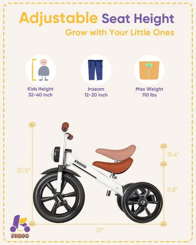 Miniatura 2 de KRIDDO Triciclo para niños, rueda de 12 pulgadas sin riesgo de pinchazos con luz frontal, altura de asiento ajustable, regalo para niños de 2 a 5