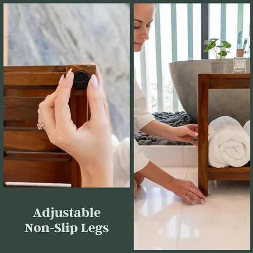 Miniatura 5 de Banco de ducha de teca de 30 pulgadas – Banco de madera totalmente montado con estante, resistente al agua, pies ajustables antideslizantes – Spa