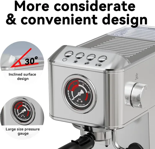 Miniatura 3 de EM623 Máquina de café expreso de 20 Bar con espumador de leche de vapor, máquina de café de acero inoxidable con tanque de agua extraíble