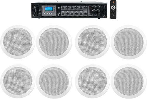 Rockville Paquete RCS180-6: Amplificador de sistema de audio doméstico de 180 vatios 6 zonas 70V, (4) pares CC65T 6.5 "altavoces de techo blancos de