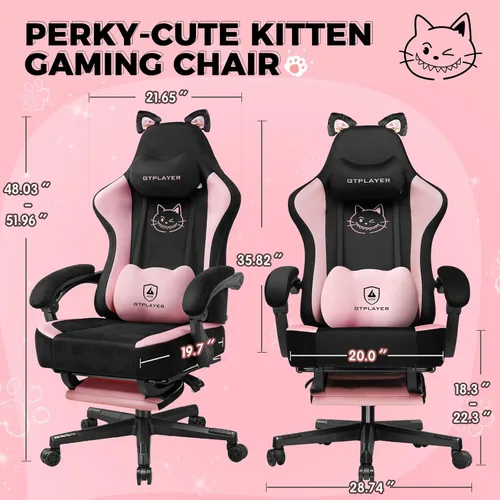 Miniatura 3 de GTPOFFICE Linda silla de juegos con orejas de gato, silla ergonómica de computadora con reposapiés, soporte lumbar de pata de gato, cómoda silla
