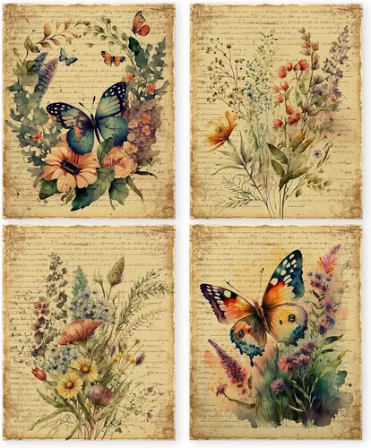 HRQKO Juego de 4 pósteres de arte de pared de mariposa floral vintage, arte de pared floral, arte de pared retro, póster de impresión de mariposas