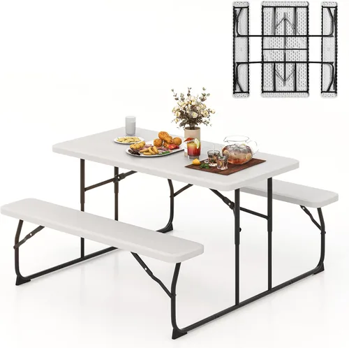 Miniatura 14 de Tangkula Mesa de picnic plegable de 6 pies, mesa de picnic al aire libre con 2 bancos integrados, agujero para paraguas, marco de metal y mesa