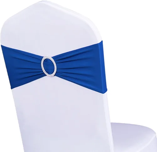 Miniatura 7 de Paquete de 50 bandas elásticas para sillas de bebé azul para boda, bandas elásticas de licra con hebilla deslizante, arcos de sillas de spandex