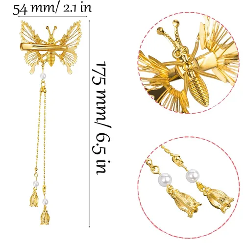 Miniatura 2 de Pinzas para el cabello de mariposa con borla móvil, elegantes accesorios antiguos para el cabello con horquillas móviles para mujeres y niñas