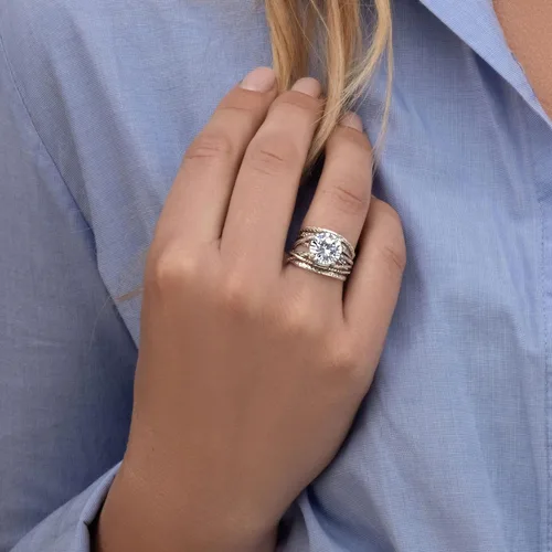 Miniatura 2 de Anillo de plata de ley 925 con una punta de circonita cúbica redonda blanca, hipoalergénico, sin níquel ni plomo, colección de diseñadores