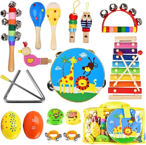 Juego de instrumentos musicales para niños, 20 piezas de instrumentos de percusión de madera para bebés y niños con maracas de xilófono pandereta,