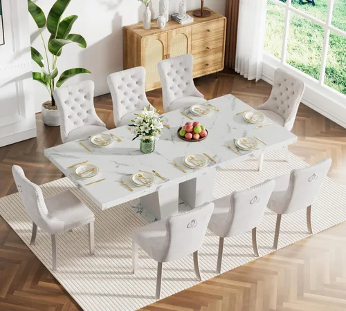 Miniatura 2 de Juego de 9 mesas de comedor extensibles blancas de 63 a 78.74 pulgadas, juego de mesa de cocina y comedor moderna expandible para 8, mesa de comedor