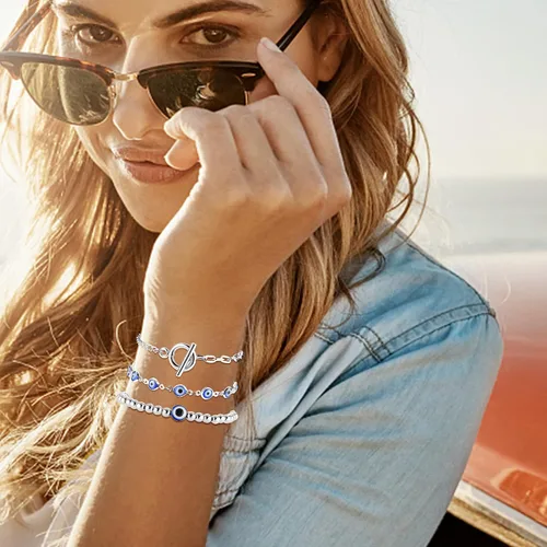Miniatura 4 de ORAZIO Juego de 16 pulseras de protección contra el mal de ojo, pulseras estéticas de cadena apilables, pulseras mexicanas, joyas de oro contra