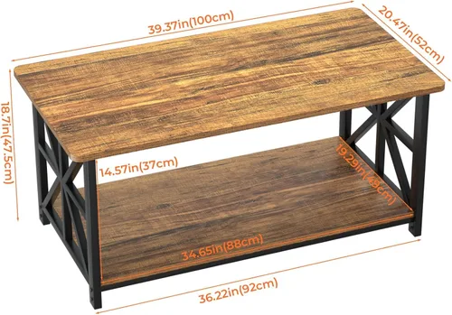 Miniatura 3 de GreenForest - Mesa de café con esquina redonda, mesa central de granja con estante de almacenamiento de 2 niveles y diseño de marco en X para sala