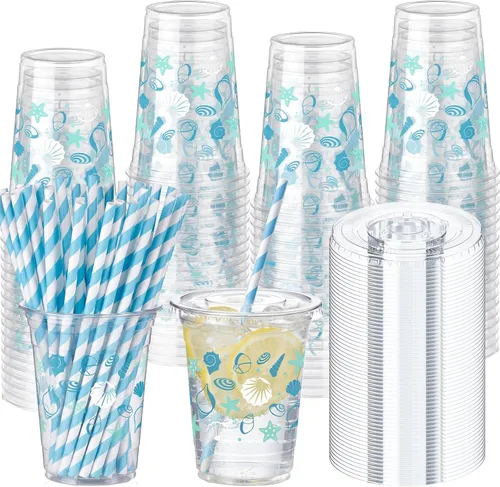 Miniatura 14 de Sliner 50 juegos de vasos de plástico a cuadros de 16 onzas con tapas y pajitas de papel, vasos desechables transparentes para fiesta de autos