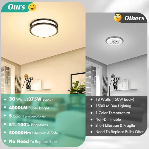 Miniatura 4 de Lámpara de techo empotrada negra, 30 W, 4000 lm, 5CCT, regulable, accesorio de lámpara de techo LED, 2700 K/3000 K/4000 K/5000 K/6500 K, ajustable