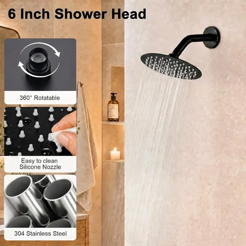 Miniatura 2 de Juego de llave de ducha HUCKLE con cabezal de ducha, llave de ducha negra de 15 cm con válvula, cabezal de ducha de lluvia de mango único negro mate