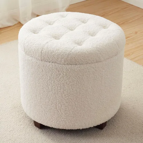 Ornavo Home Decor Otomana Redonda con Almacenamiento, Silla Taburete de Tocador Redondo Otomana Puf con Almacenamiento para Sala de Estar y