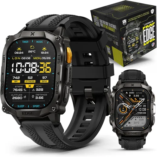 CARBINOX Edge Smart Watch resistente, 1.96 ″ AMOLED, acero inoxidable, IP69K/5ATM rastreadores de fitness, doble banda GNSS, 500mAh, llamadas Negro
