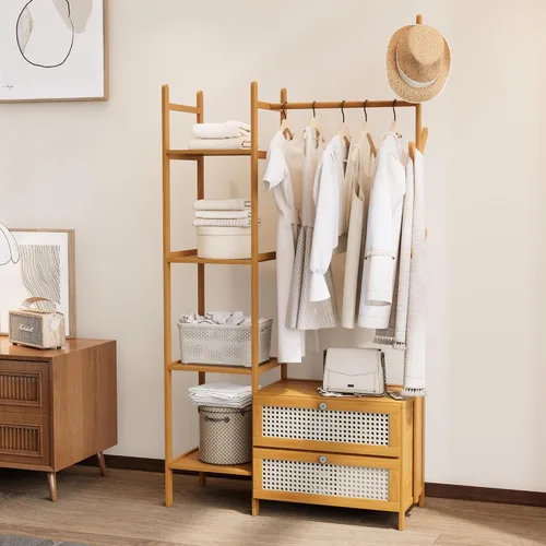 Perchero de Ropa de Bambú, Perchero con Cajones y Estantes, Estantes de Almacenamiento de 5 Niveles con 6 Ganchos para Colgar, Armario Closet para