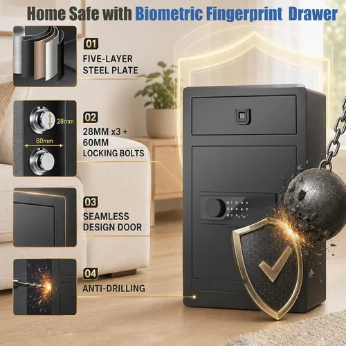 Miniatura 3 de 2.4 Cu Ft Small Safe Box Fireproof Waterproof -Home Safe with Biometric Fingerprint Drawer & Removable Shelf, Dual Alarm System,Gun Safe for