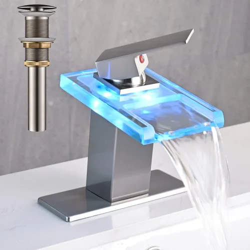 Miniatura 14 de AVSIILE Grifo LED para lavabo de baño, cascada cromada, mango de un solo agujero, 1 agujero con drenaje desplegable de metal y 2 líneas de Cromo