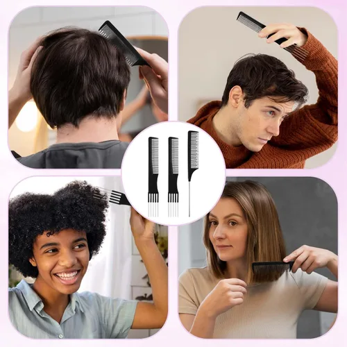 Miniatura 7 de Juego de 3 peines para el cabello, peine de burlas con peines de metal y dientes finos, cola de rata, peines de separación de salón para la espalda